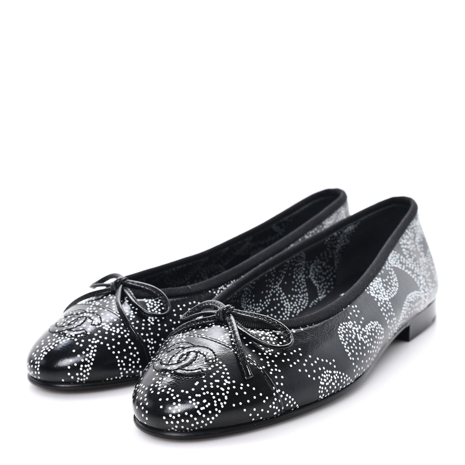 Calfskin Camellia Printed Cap Toe Ballerina Flats 36 Black White
