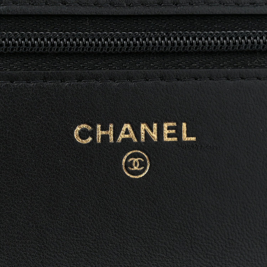 Chanel Lambskin Quilted Sweet Camellia Wallet On Chain WOC Black