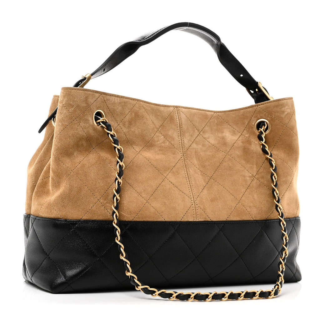 Chanel Suede Calfskin Shiny Lambskin Quilted Small Coco Base Shopping Bag Beige Black