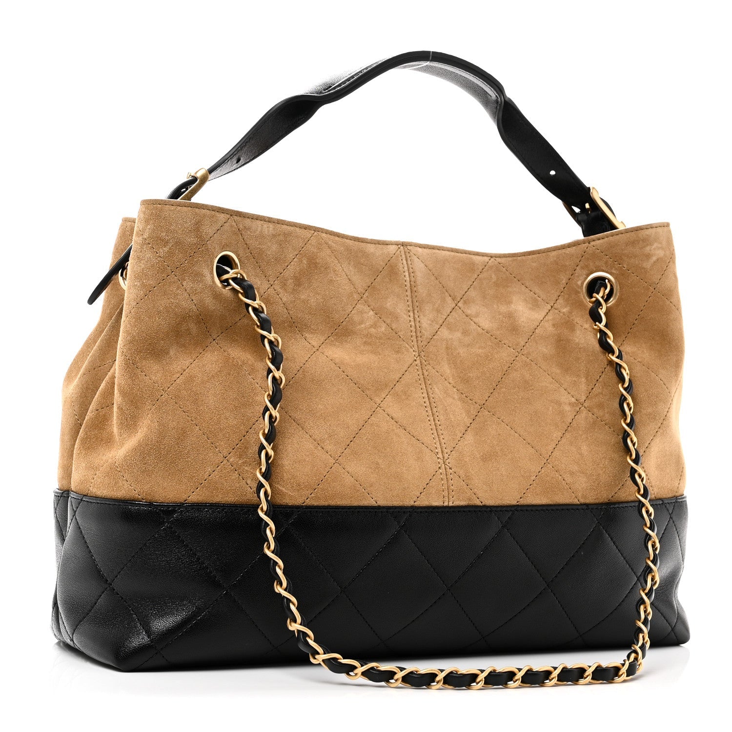 Chanel Suede Calfskin Shiny Lambskin Quilted Small Coco Base Shopping Bag Beige Black