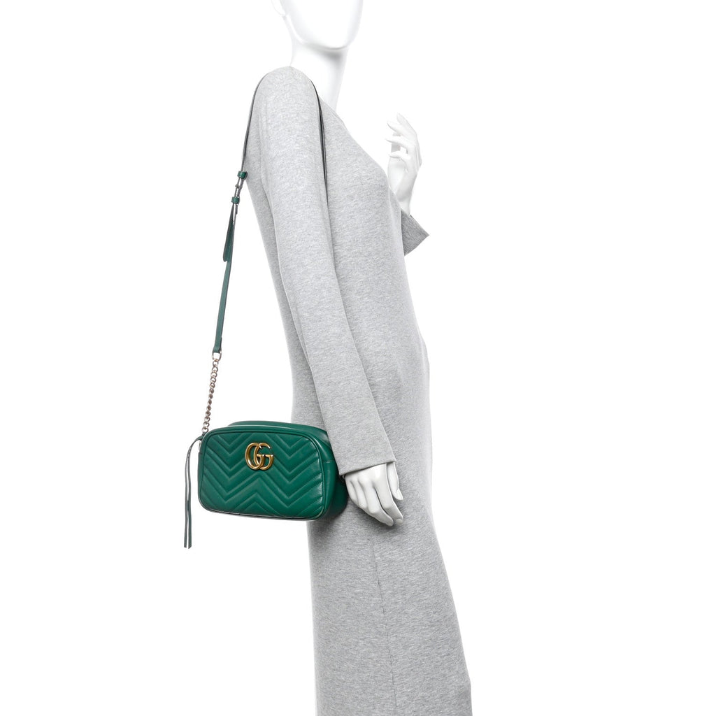 Gucci Calfskin Matelasse Small GG Marmont Chain Shoulder Bag Emerald Green