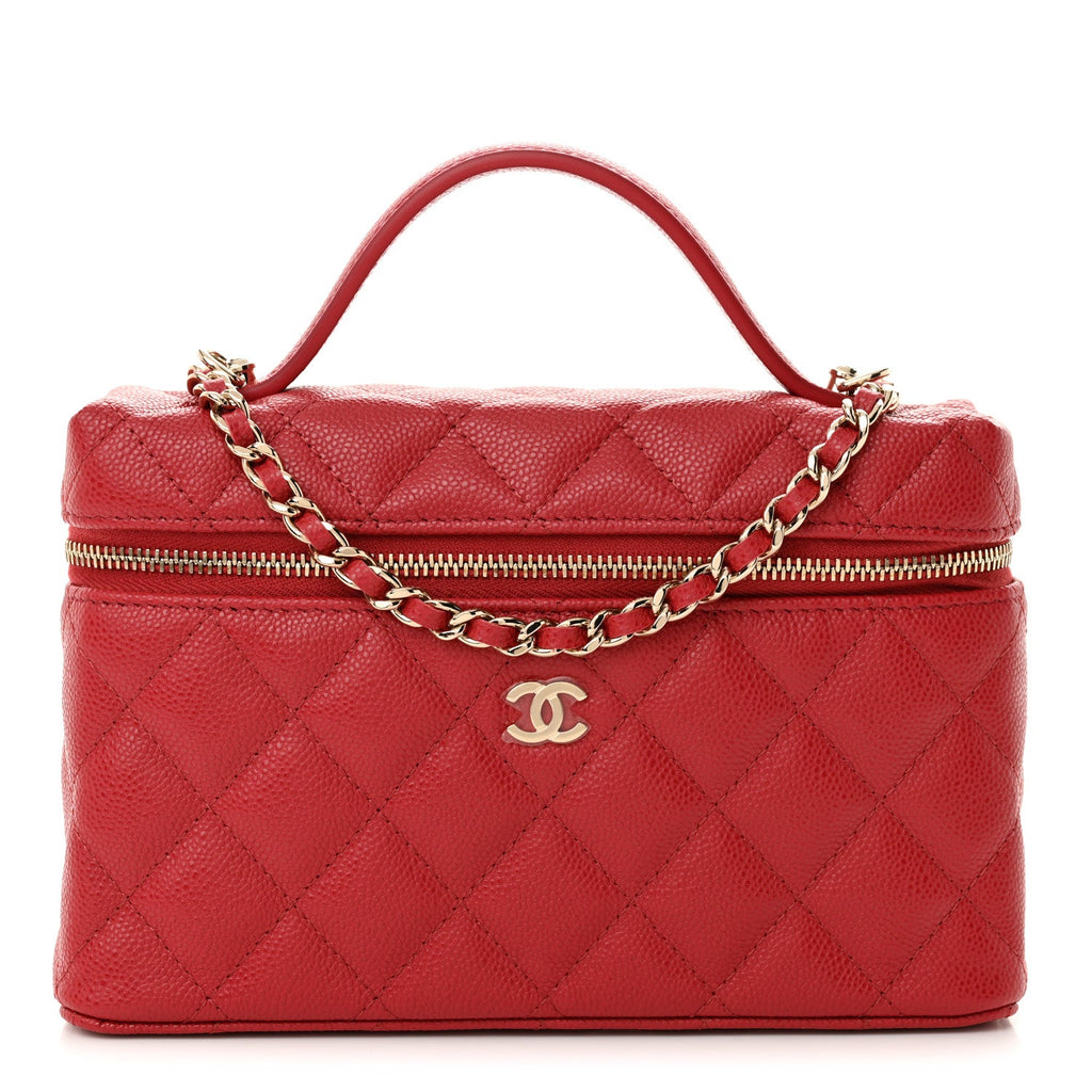 Chanel Caviar Quilted Top Handle Slim Vanity With Chain Red