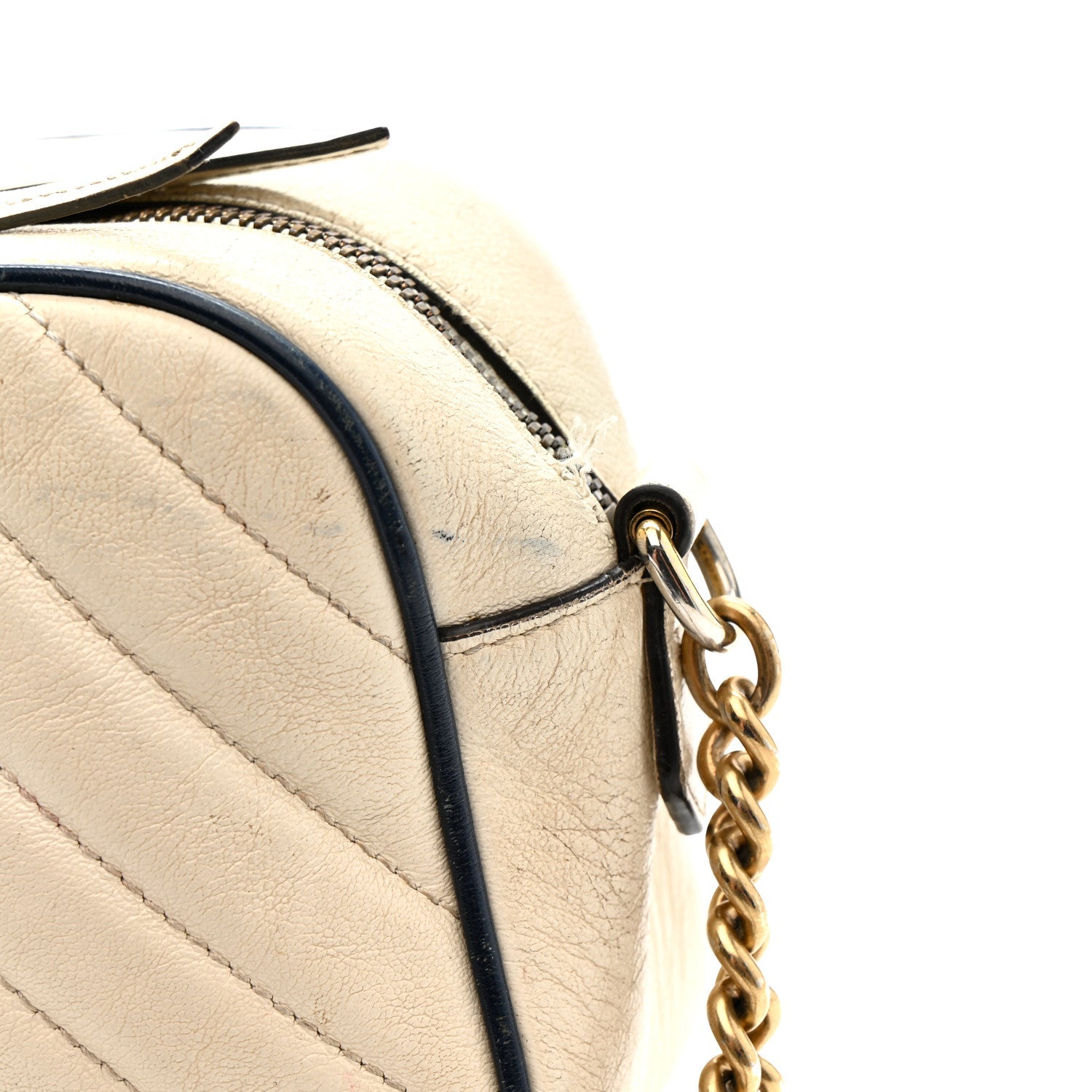 Gucci Vintage Effect Calfskin Matelasse Diagonal Small Torchon GG Marmont Chain Shoulder Bag Mystic White Blue Agata