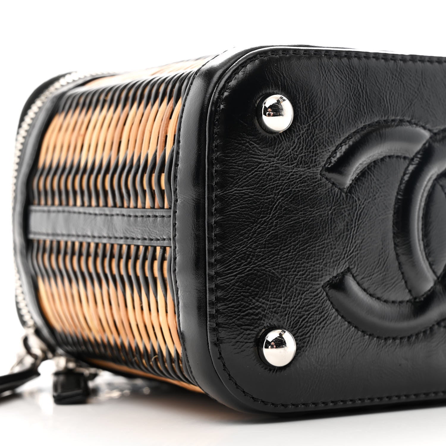 Chanel Calfskin Raffia Small Vanity Case Bag Black Beige