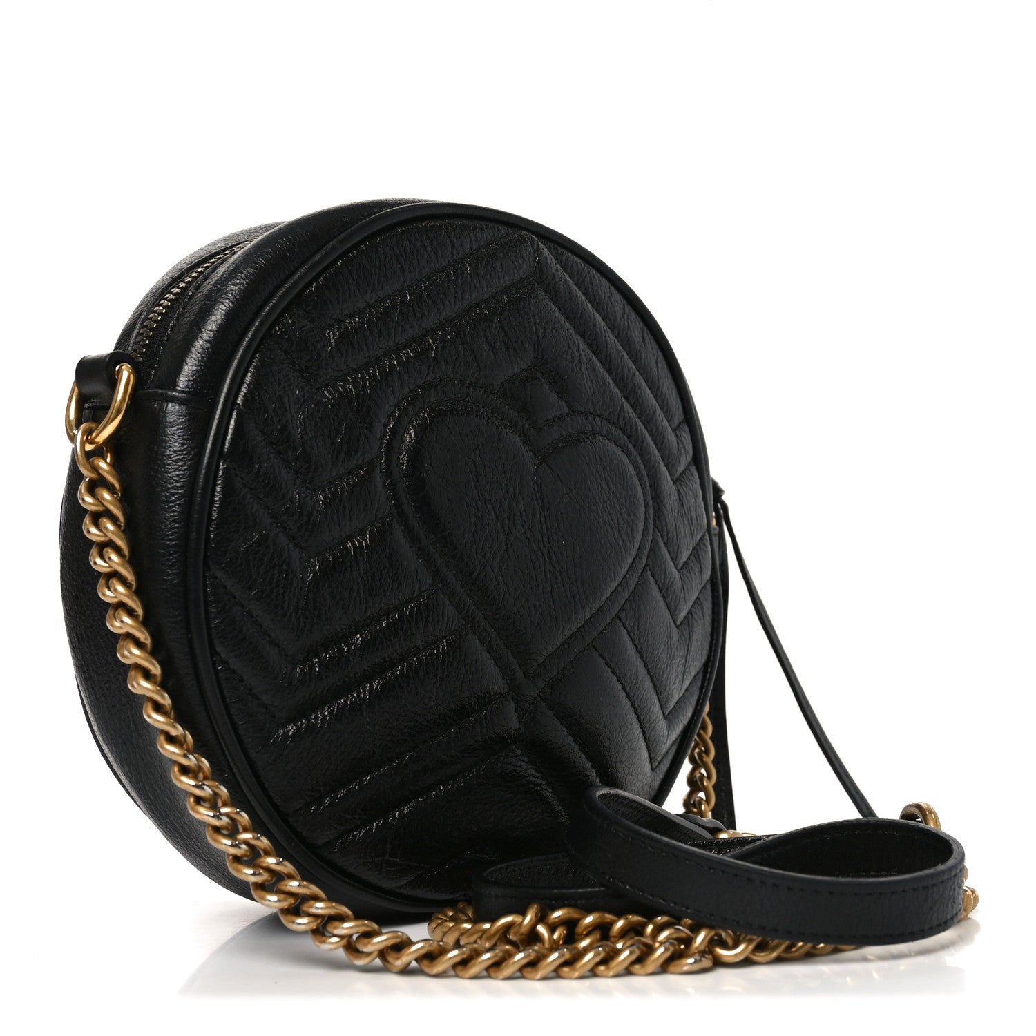 Gucci Azalea Calfskin Matelasse Heart Mini GG Marmont Round Shoulder Bag Black