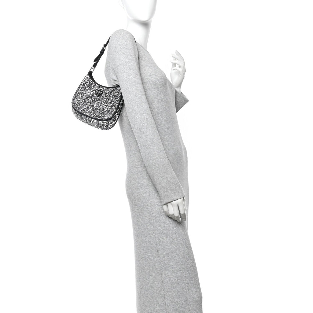 Prada Satin Crystal Cleo Adjustable Strap Shoulder Bag Metal