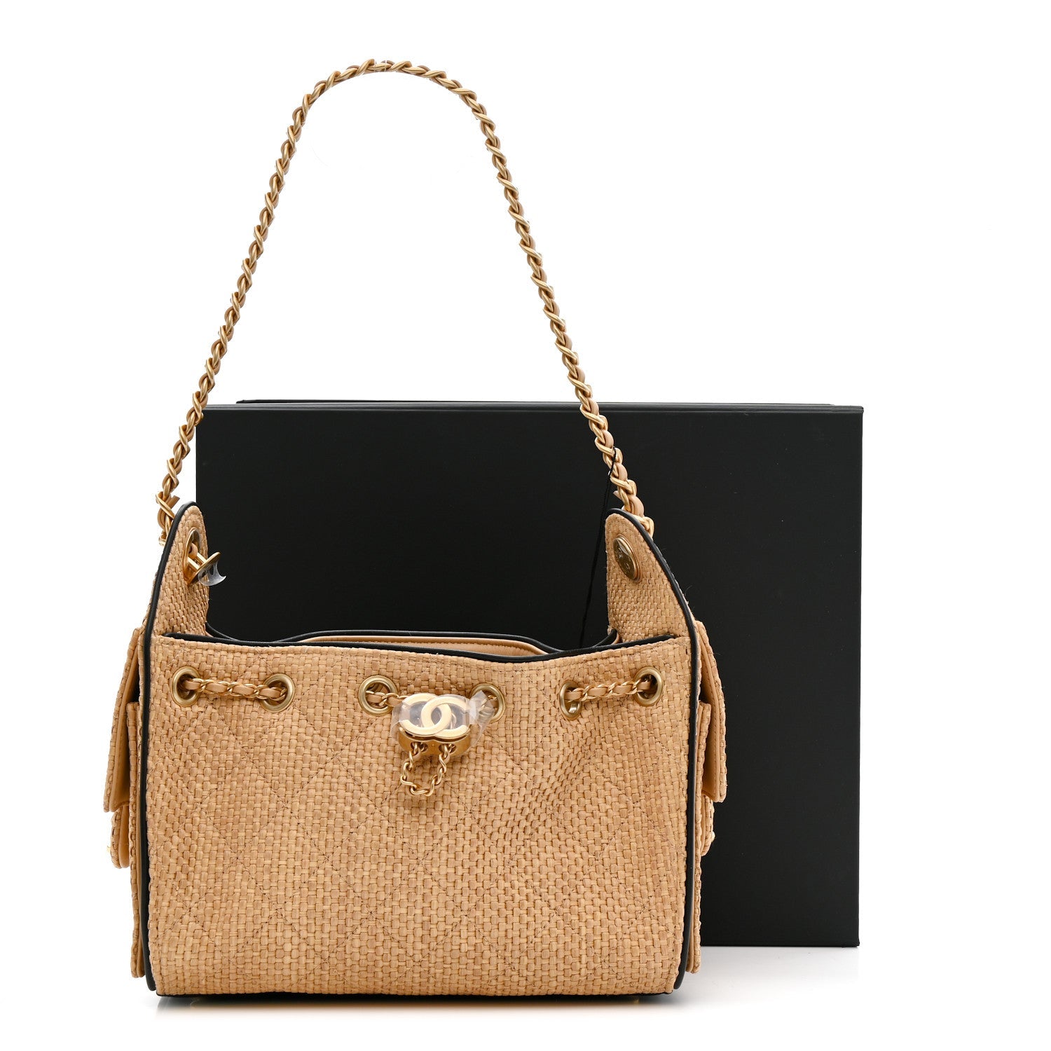 Chanel Braided Raffia Calfskin Quilted Mini Chanel 25 Handbag Beige Black
