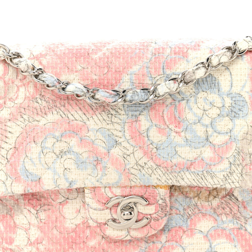 Chanel Tweed Quilted Camellia Medium Double Flap Ivory Multicolor