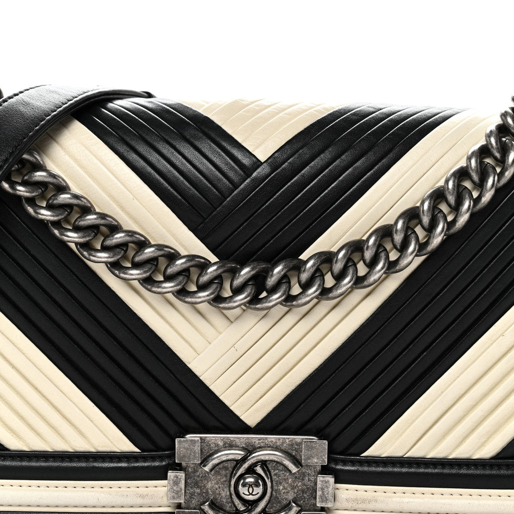 Chanel Calfskin Pleated Medium Boy In Rome Flap Black White