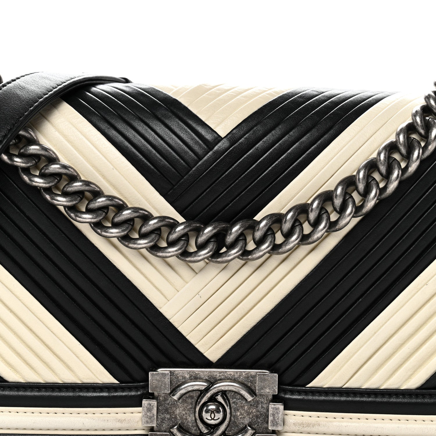 Chanel Calfskin Pleated Medium Boy In Rome Flap Black White