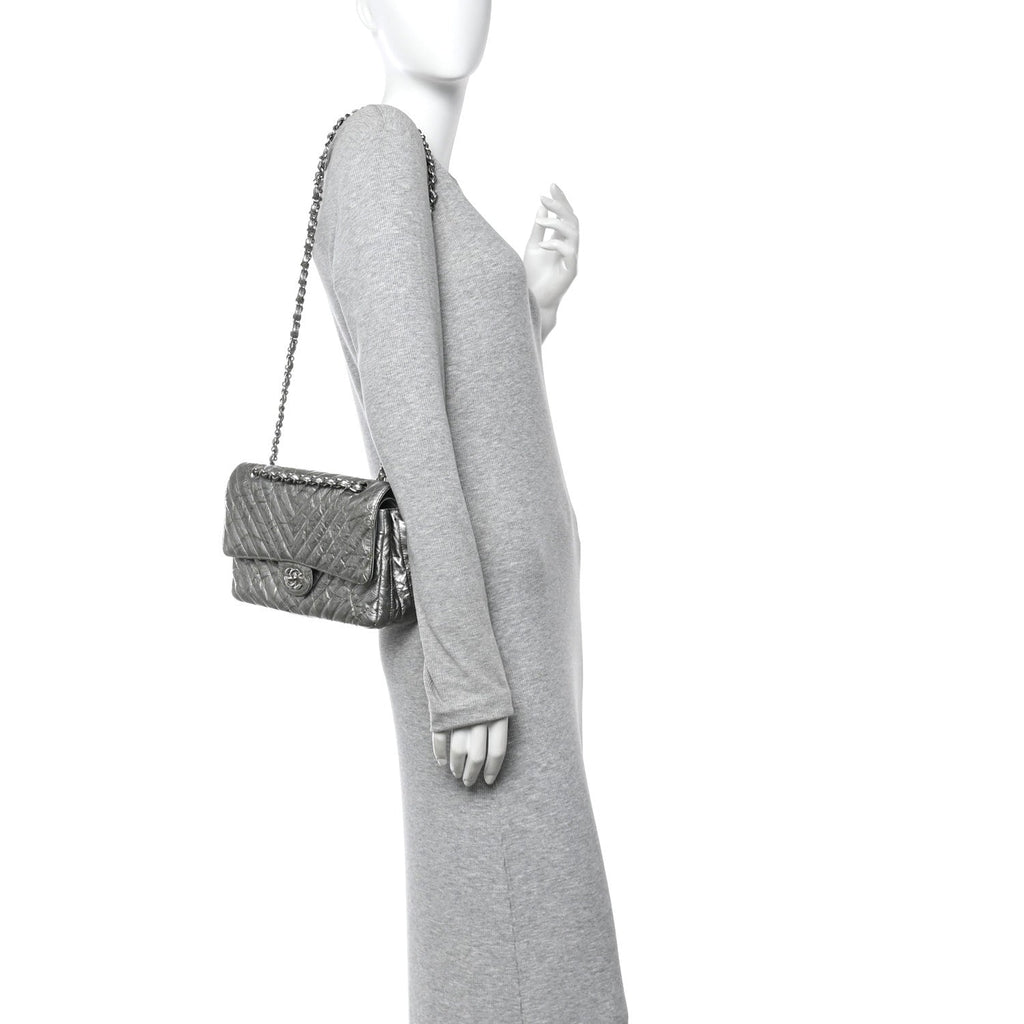 Chanel Metallic Patent Crumpled Calfskin Chevron Quilted Medium Double Flap Silver