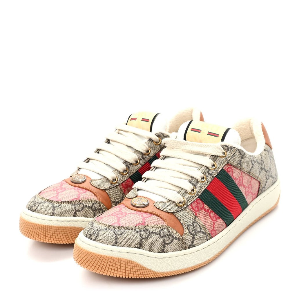 Gucci GG Supreme Monogram Harness Calfskin Web Womens Screener Sneakers 39 Beige Ebony Rosso Harness Brown