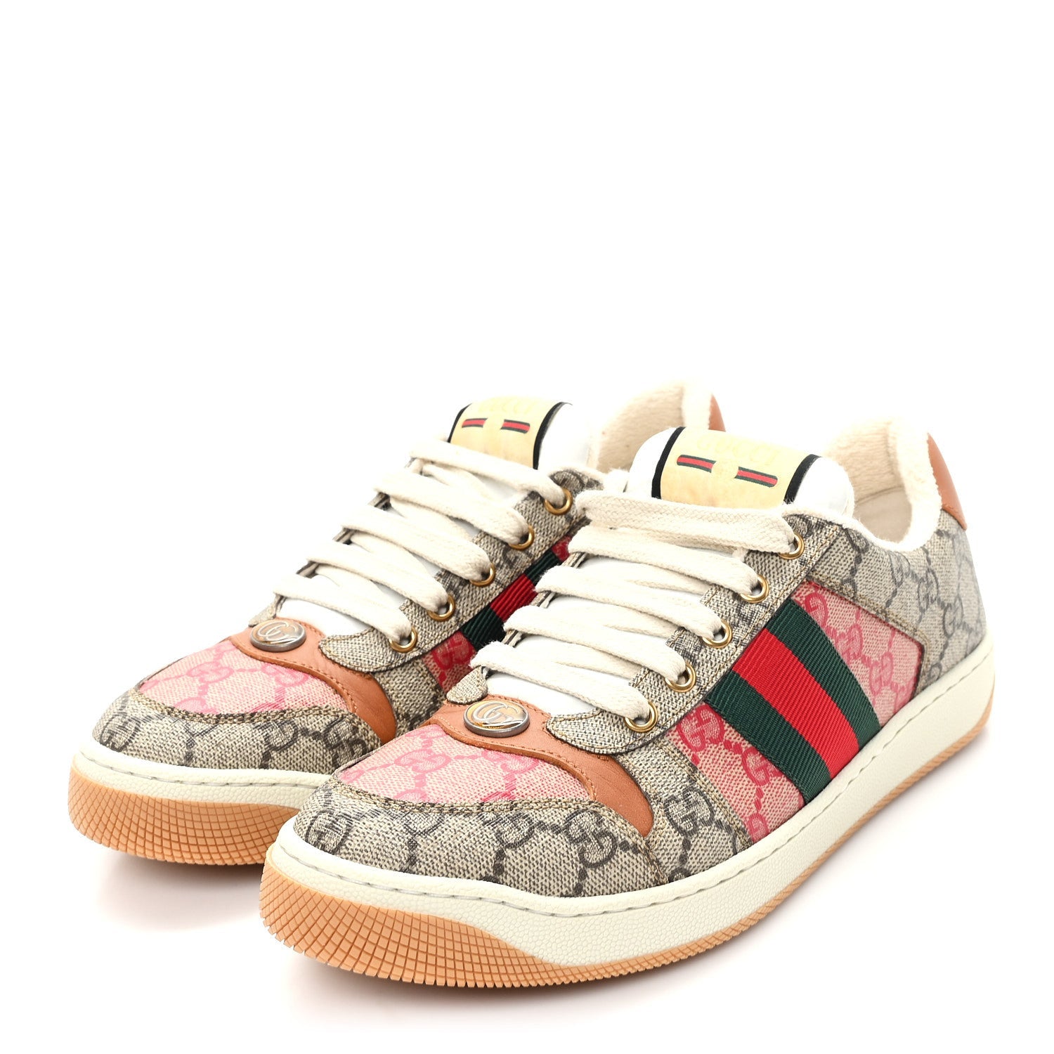 Gucci GG Supreme Monogram Harness Calfskin Web Womens Screener Sneakers 39 Beige Ebony Rosso Harness Brown