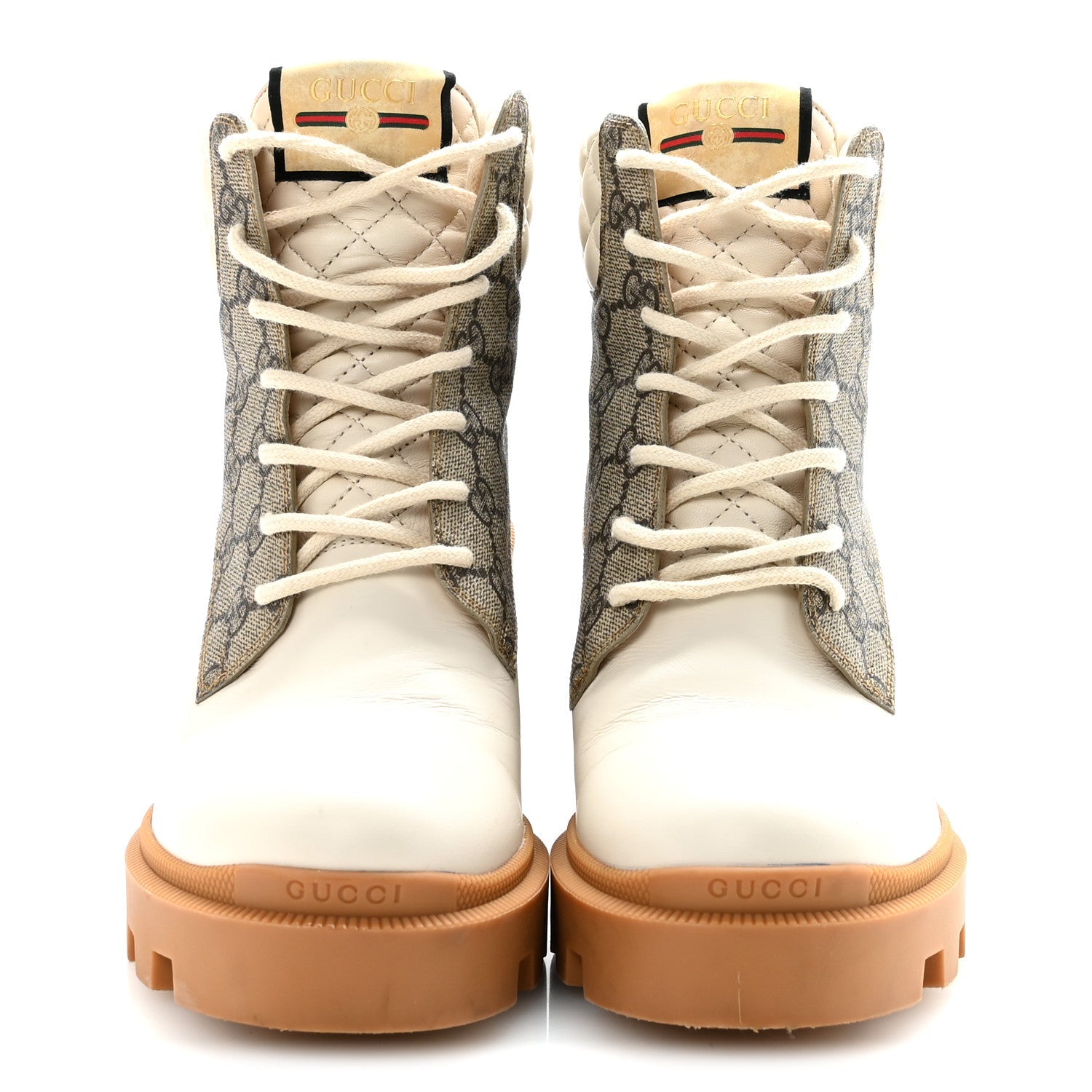 Gucci Apollo Calfskin GG Supreme Nappa Samoa Quilted Lace Up Ankle Boots 40 Mystic White Beige Ebony