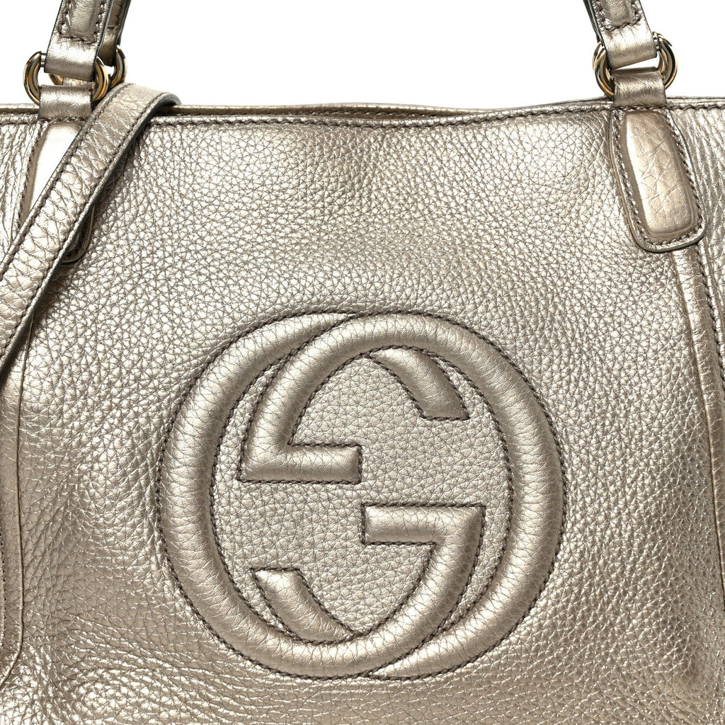 Gucci Metallic Pebbled Calfskin Small Soho Top Handle Bag Golden Beige