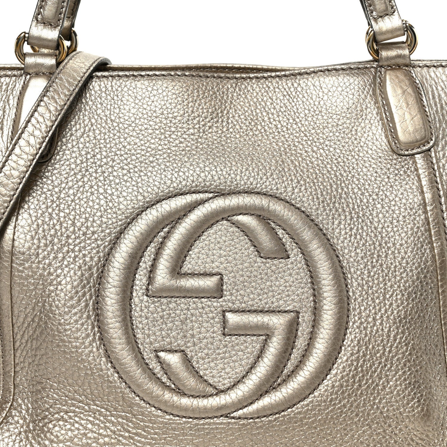 Gucci Metallic Pebbled Calfskin Small Soho Top Handle Bag Golden Beige
