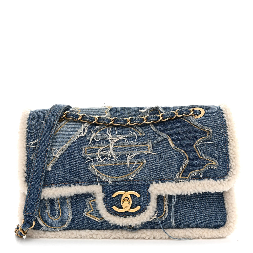 Chanel Denim Shearling Hieroglyph Flap Blue