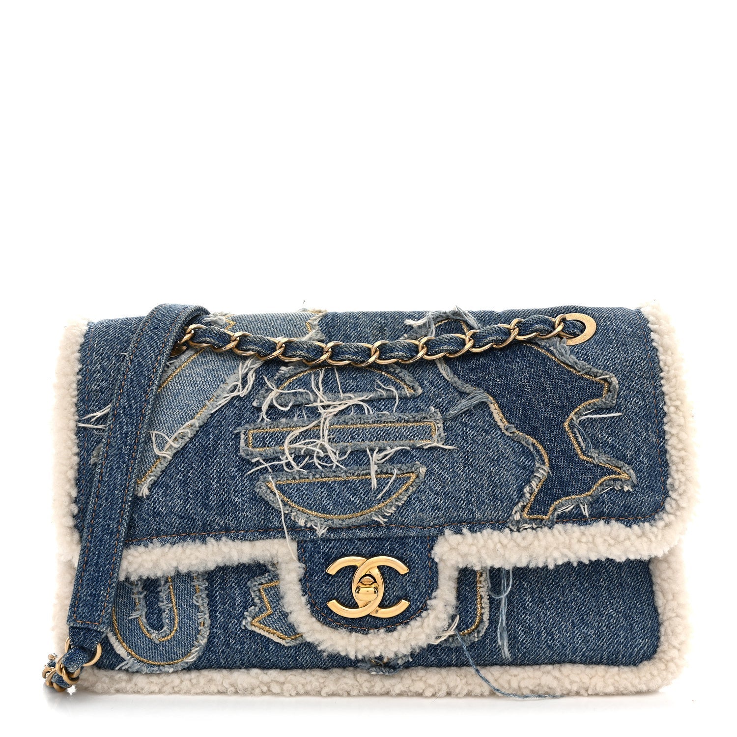 Chanel Denim Shearling Hieroglyph Flap Blue