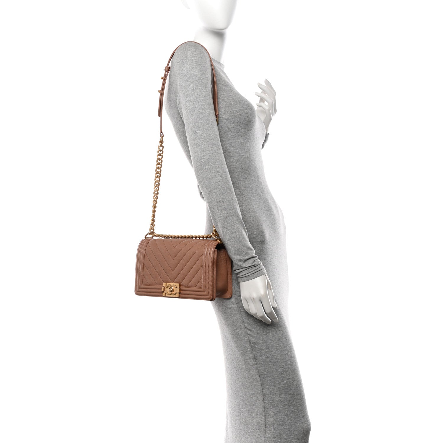 Chanel Caviar Chevron Quilted Medium Boy Flap Brown