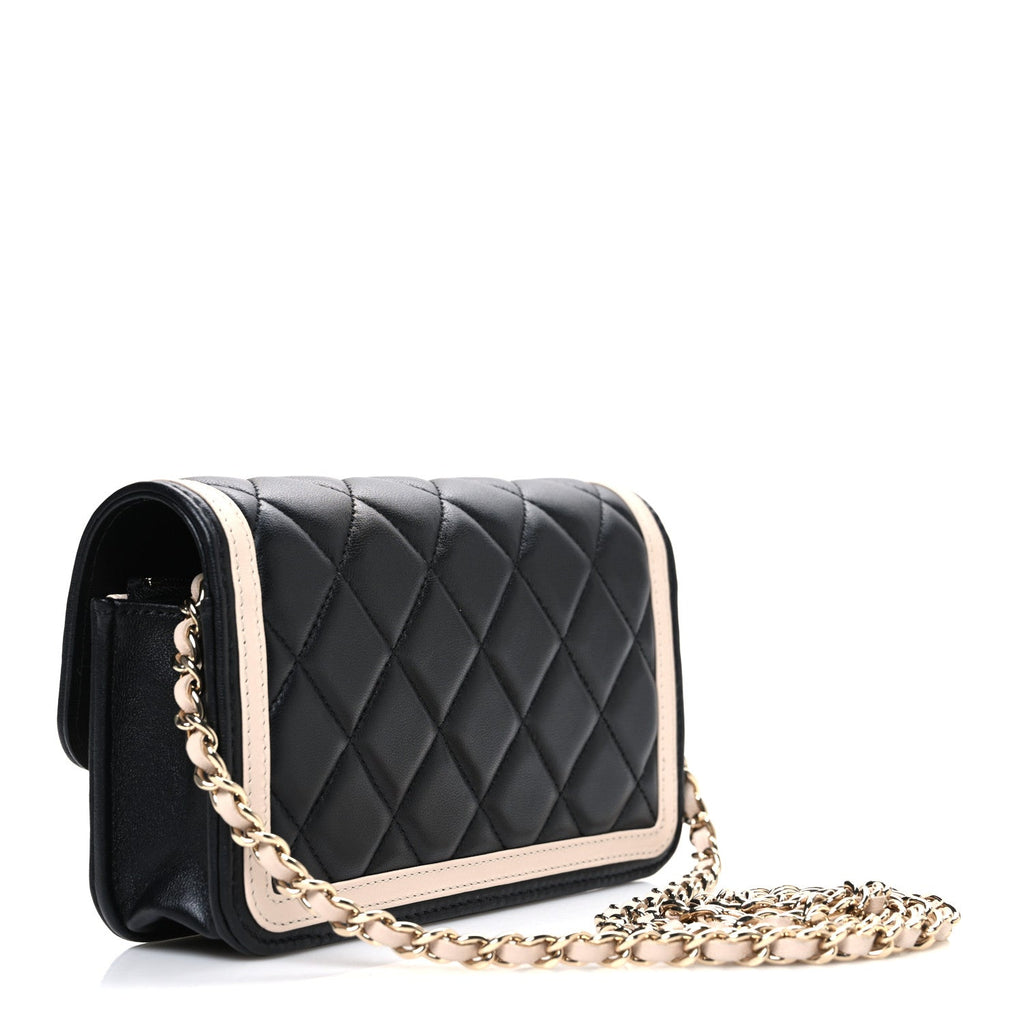 Chanel Lambskin Quilted Phone Holder Wallet With Chain Black Beige