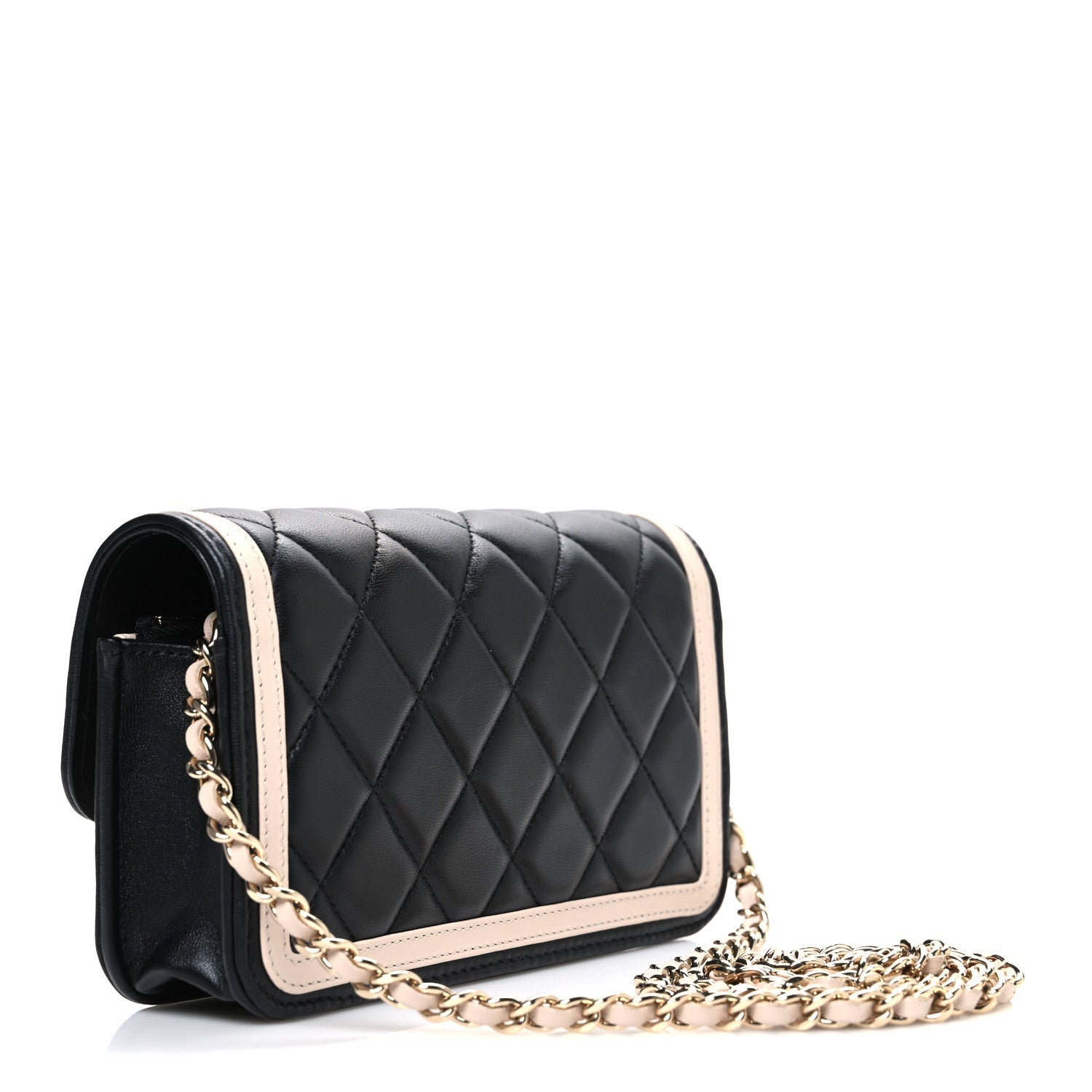 Chanel Lambskin Quilted Phone Holder Wallet With Chain Black Beige
