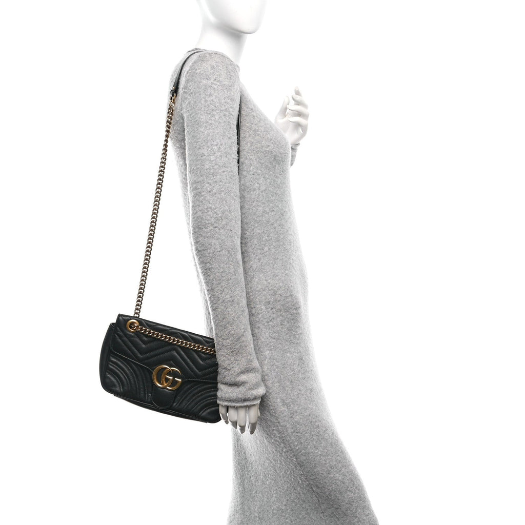 Gucci Calfskin Matelasse Small GG Marmont Shoulder Bag Black