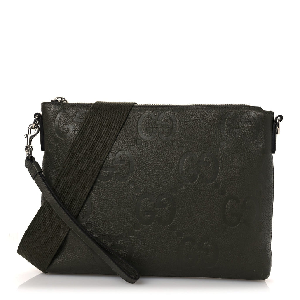 Gucci Piuma Calfskin Jumbo GG Embossed Medium Wristlet Messenger Bag Green