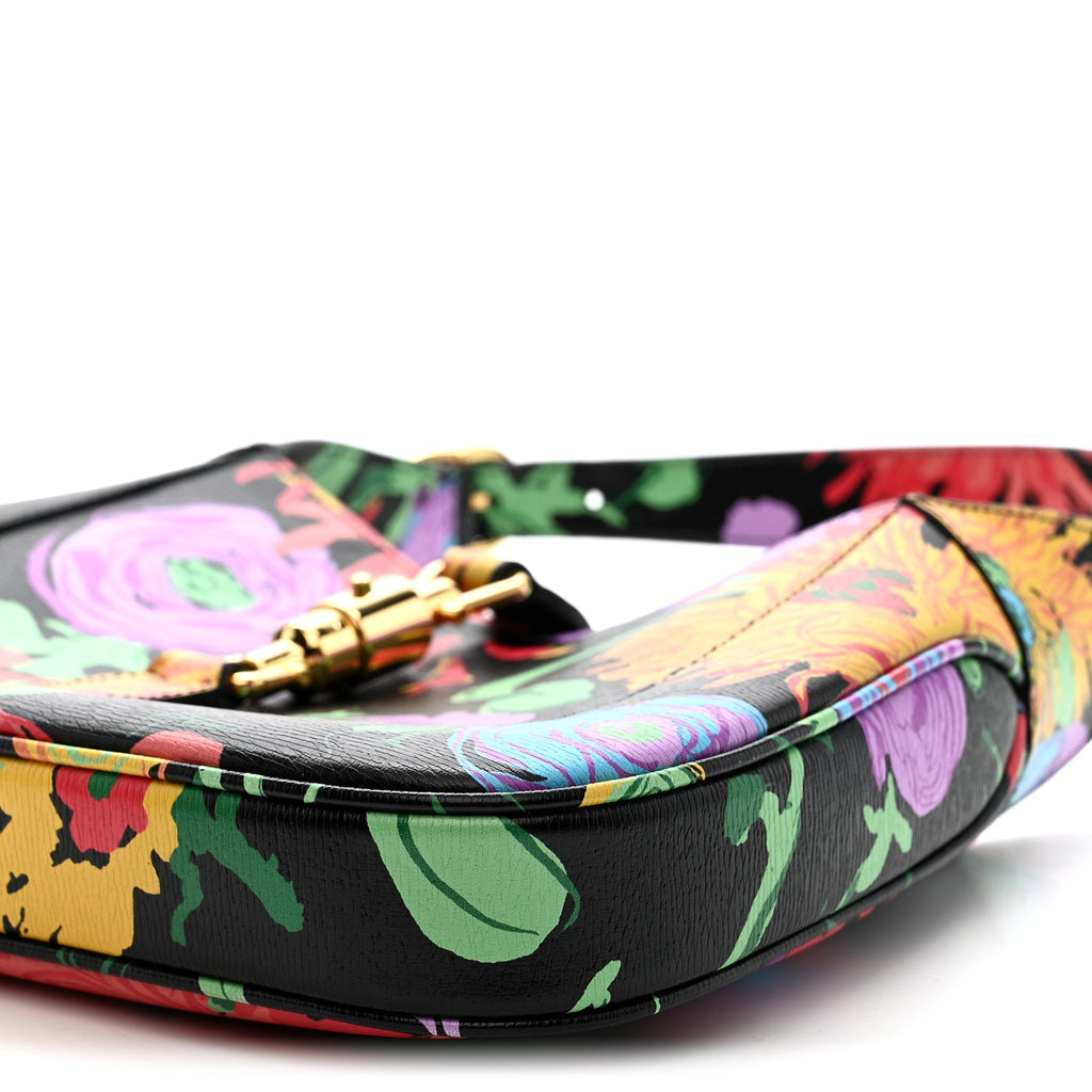 Gucci X KEN SCOTT New Shangai Calfskin Jenny Floral Print Small Jackie 1961 Hobo Black Pink