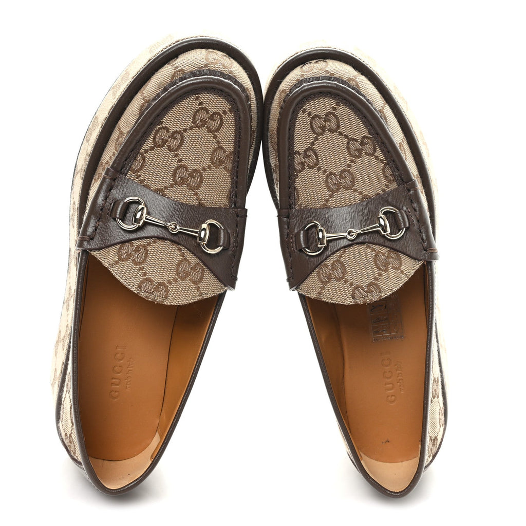Gucci Monogram Horsebit Calfskin Womens Horsebit Wedge Platform Loafers 35.5 Beige Ebony