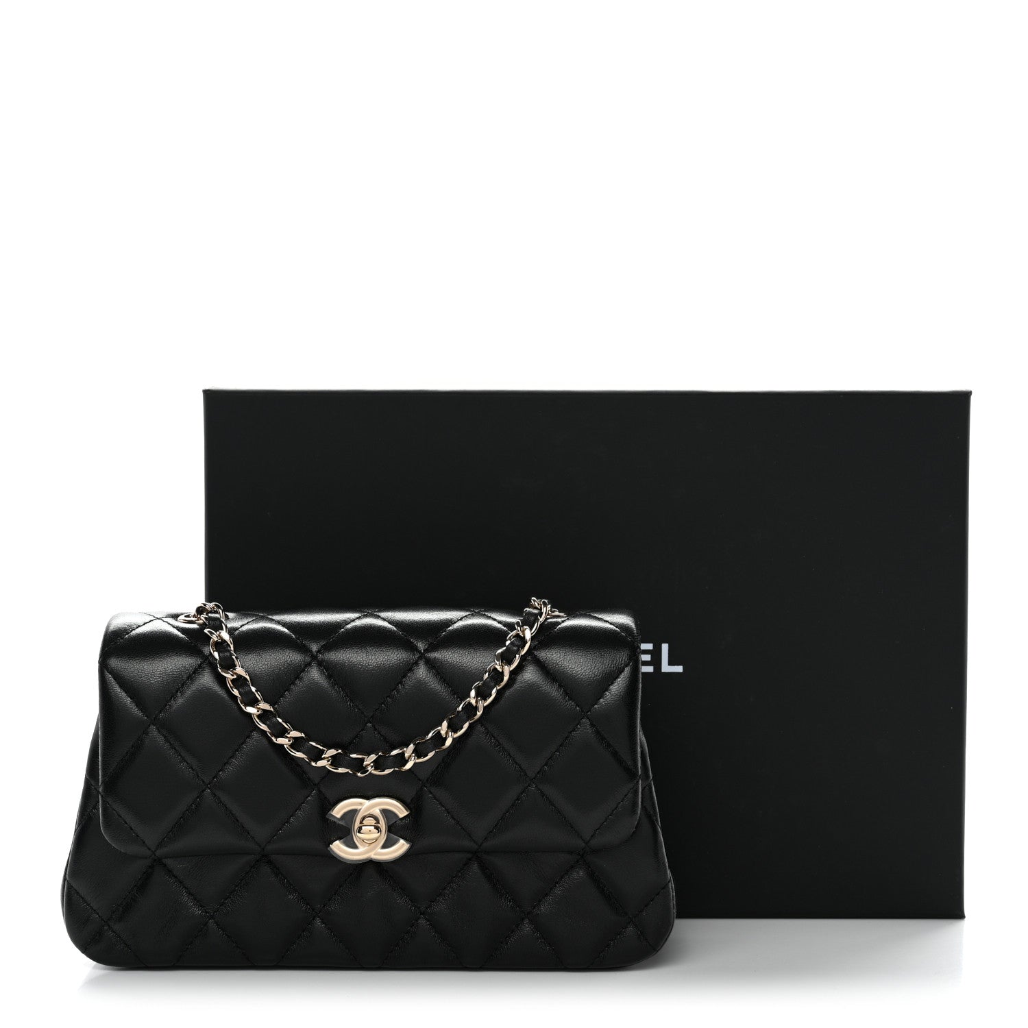 Chanel Lambskin Quilted Rectangular Phone Holder Clutch With Chain Black