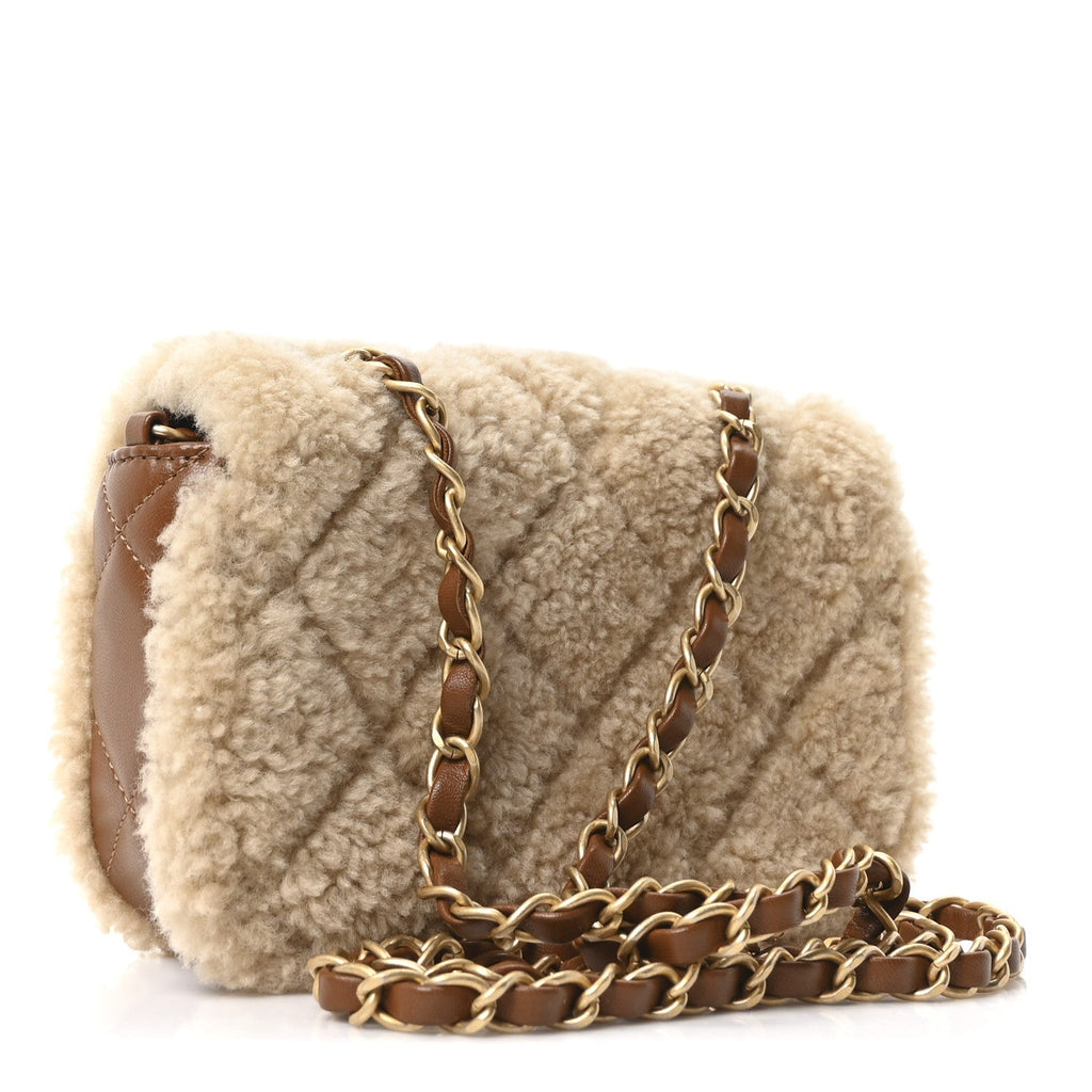 Chanel Shearling Lambskin Quilted Mini Furry Coco Flap Beige Dark Brown