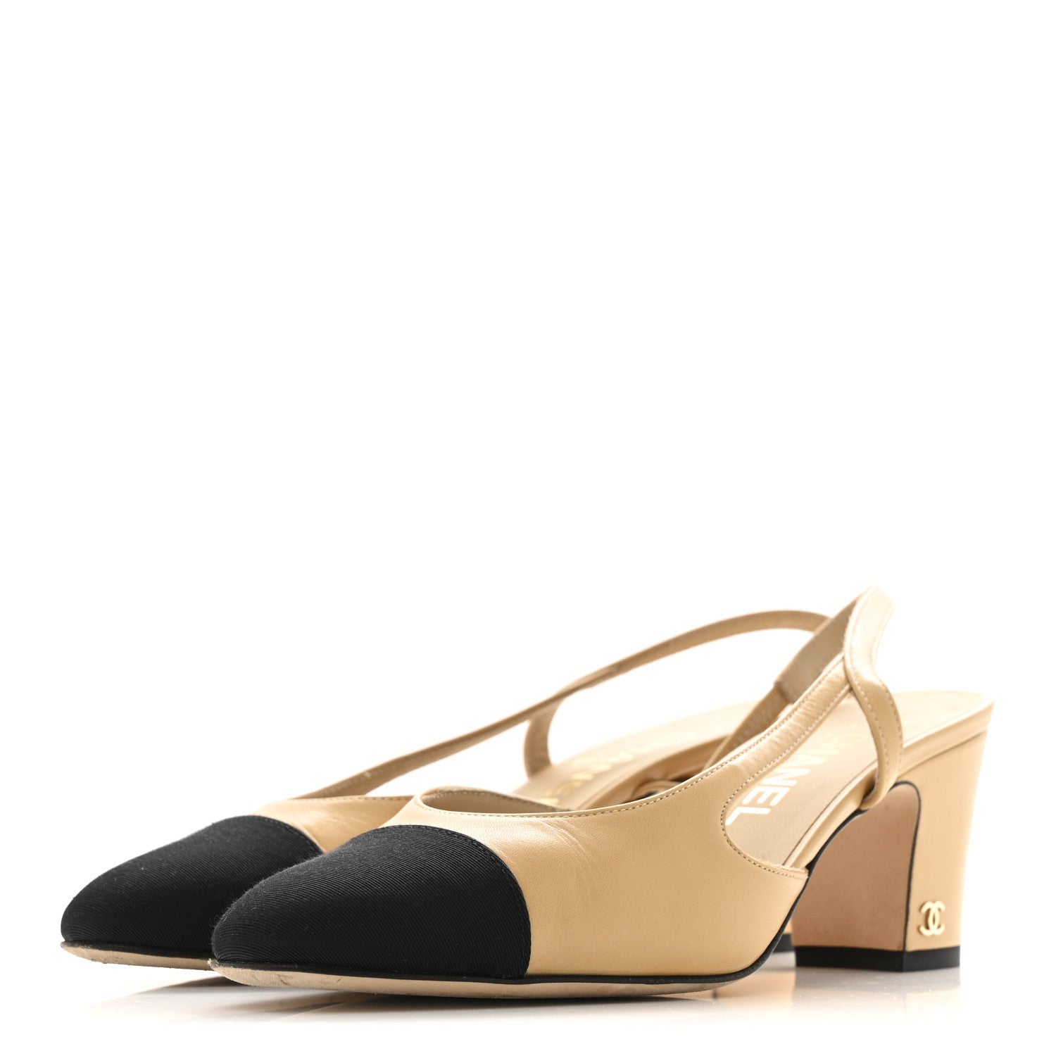 Goatskin Grosgrain Cap Toe CC Slingback Pumps 36.5 Beige Black