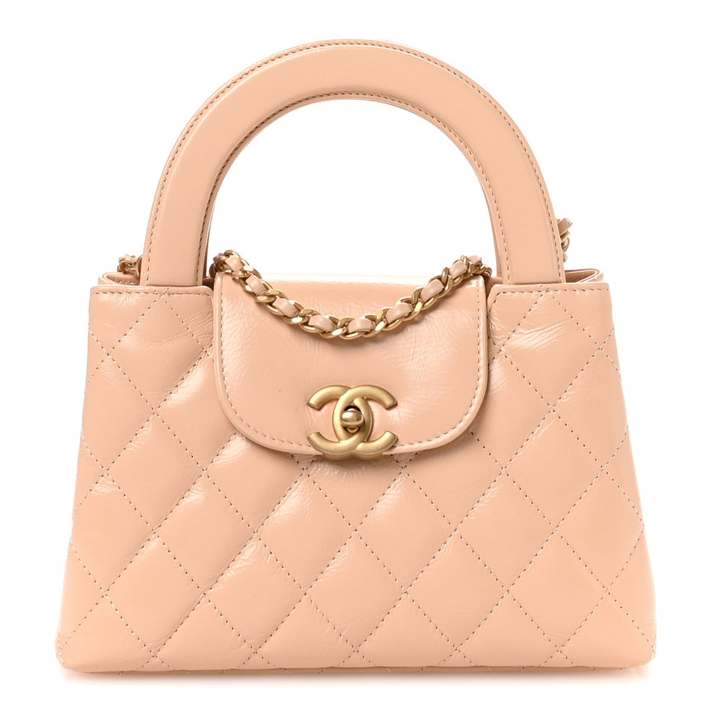 Chanel Shiny Aged Calfskin Quilted Nano Kelly Shopper Beige