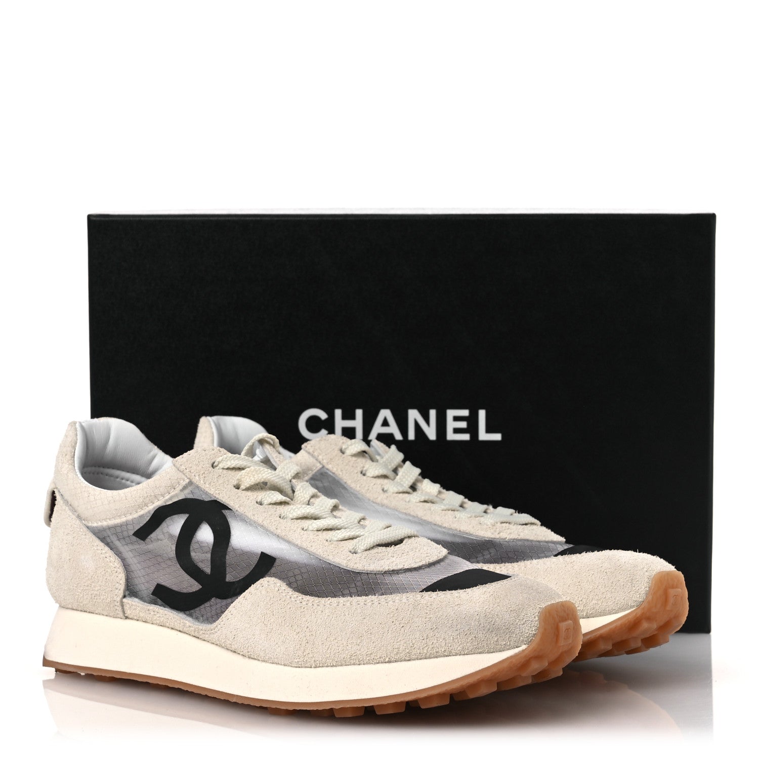 Chanel Suede Mesh Womens CC Sneakers 39 White Black