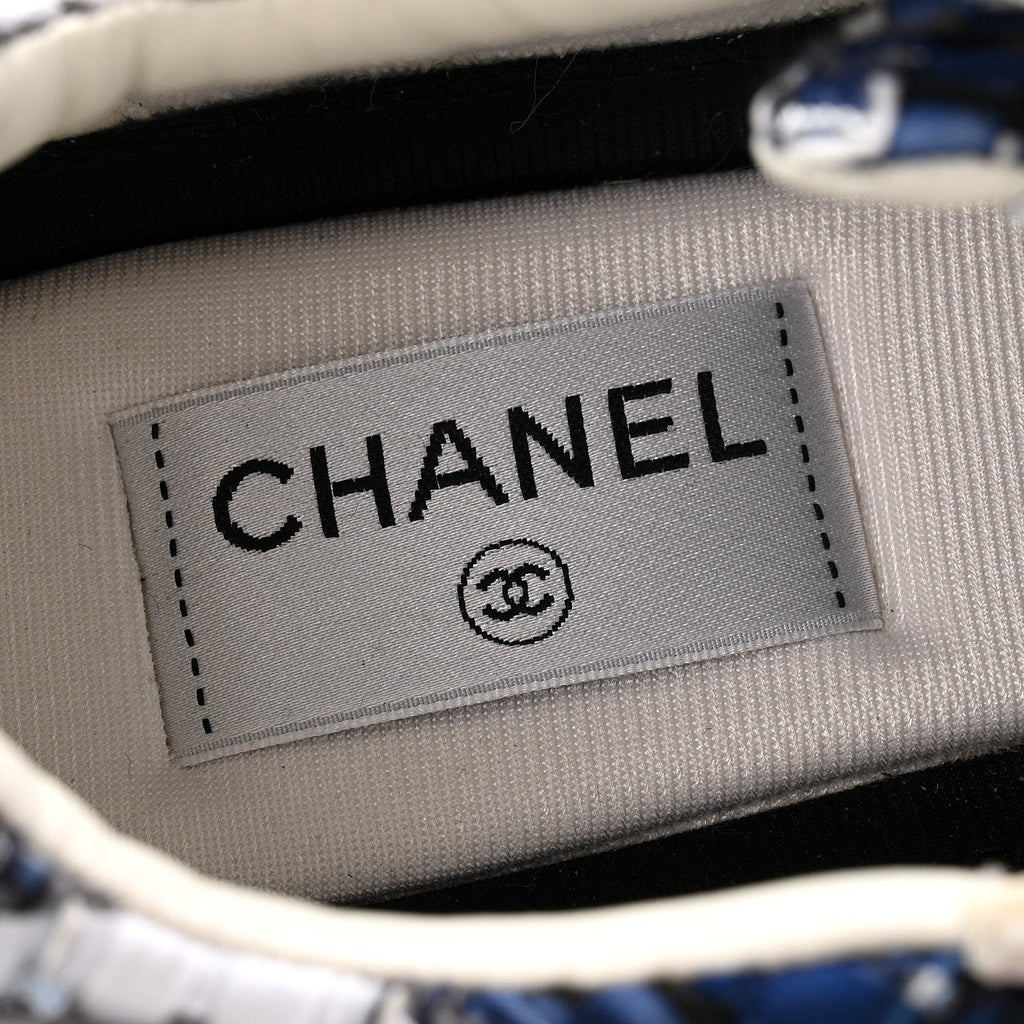 Chanel Tweed Suede Calfskin Womens CC Sneakers 38 Dark Blue Black Grey White