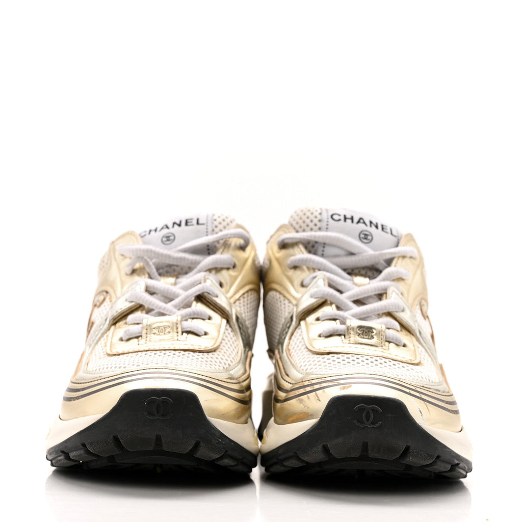 Fabric Laminated Calfskin Stretch CC Sneakers 36.5 White Gold Silver