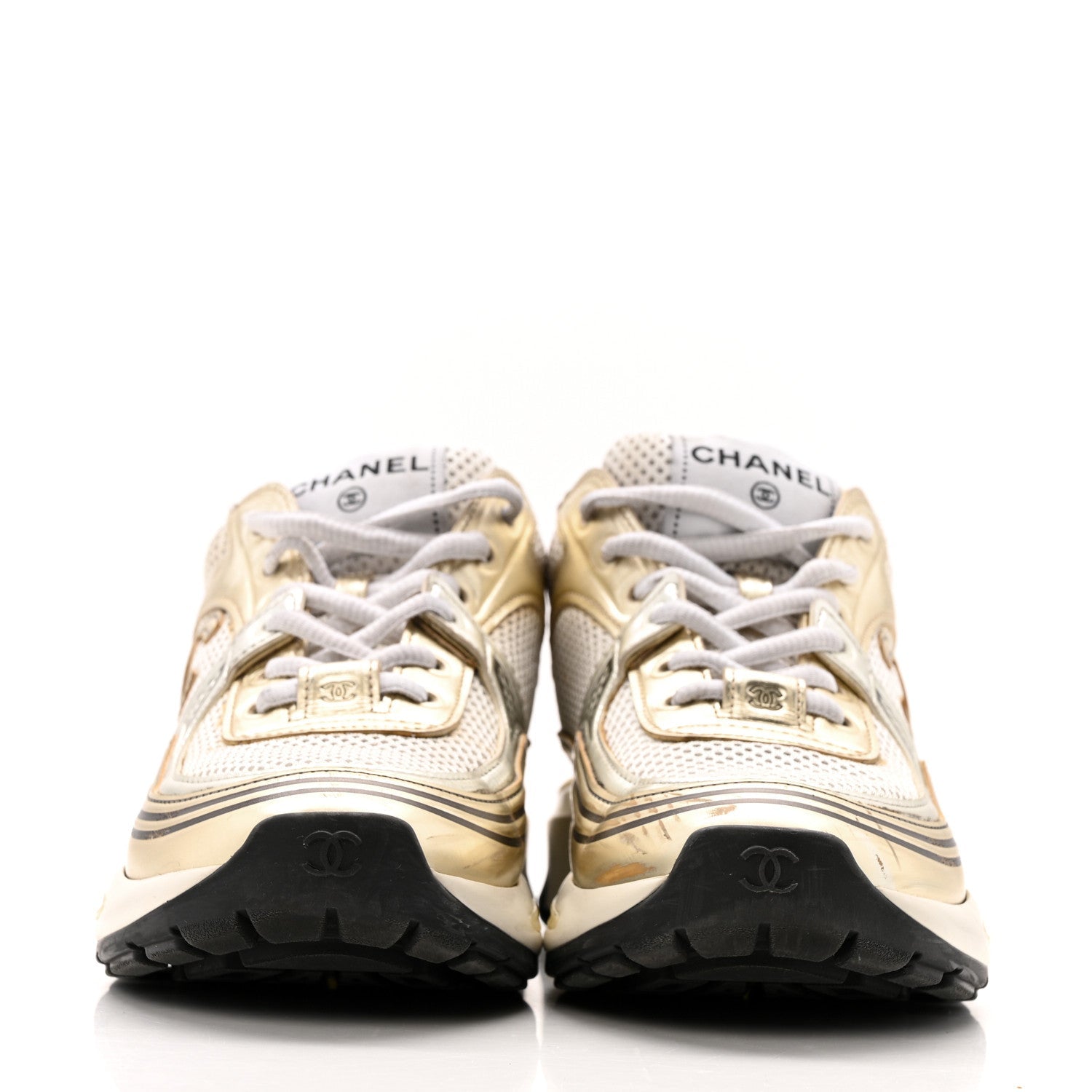 Fabric Laminated Calfskin Stretch CC Sneakers 36.5 White Gold Silver