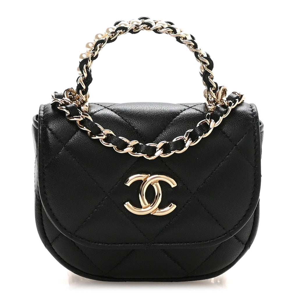 Chanel Lambskin Quilted Pearl Top Handle Clutch With Chain Black
