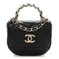 Chanel Lambskin Quilted Pearl Top Handle Clutch With Chain Black