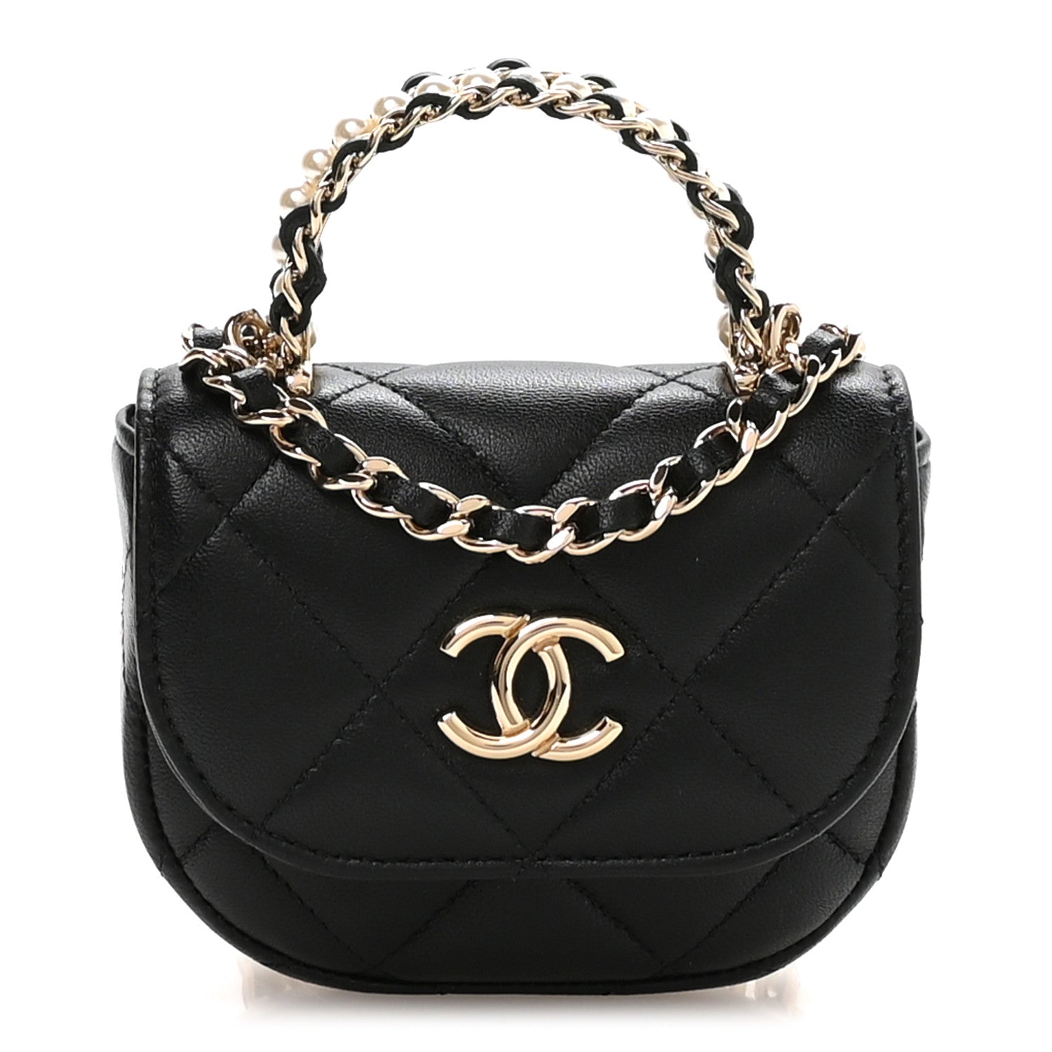 Chanel Lambskin Quilted Pearl Top Handle Clutch With Chain Black