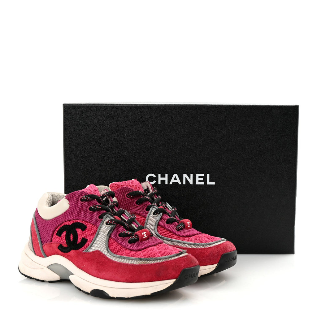 Mesh Suede Calfskin Womens CC Sneakers 35 Dark Pink Silver