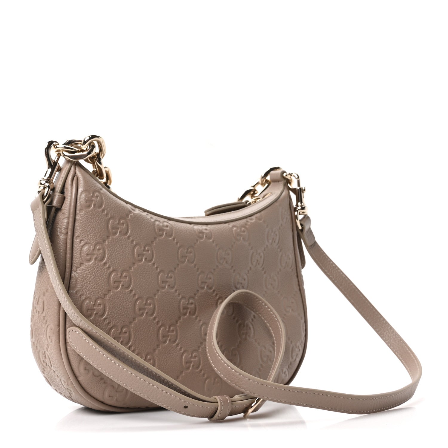 Gucci GG Grainy Calfskin Emblem Medium Half Moon Shoulder Bag Taupe