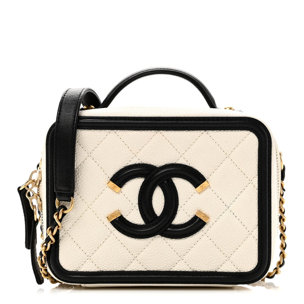 Chanel Caviar Quilted Small CC Filigree Vanity Case White Black