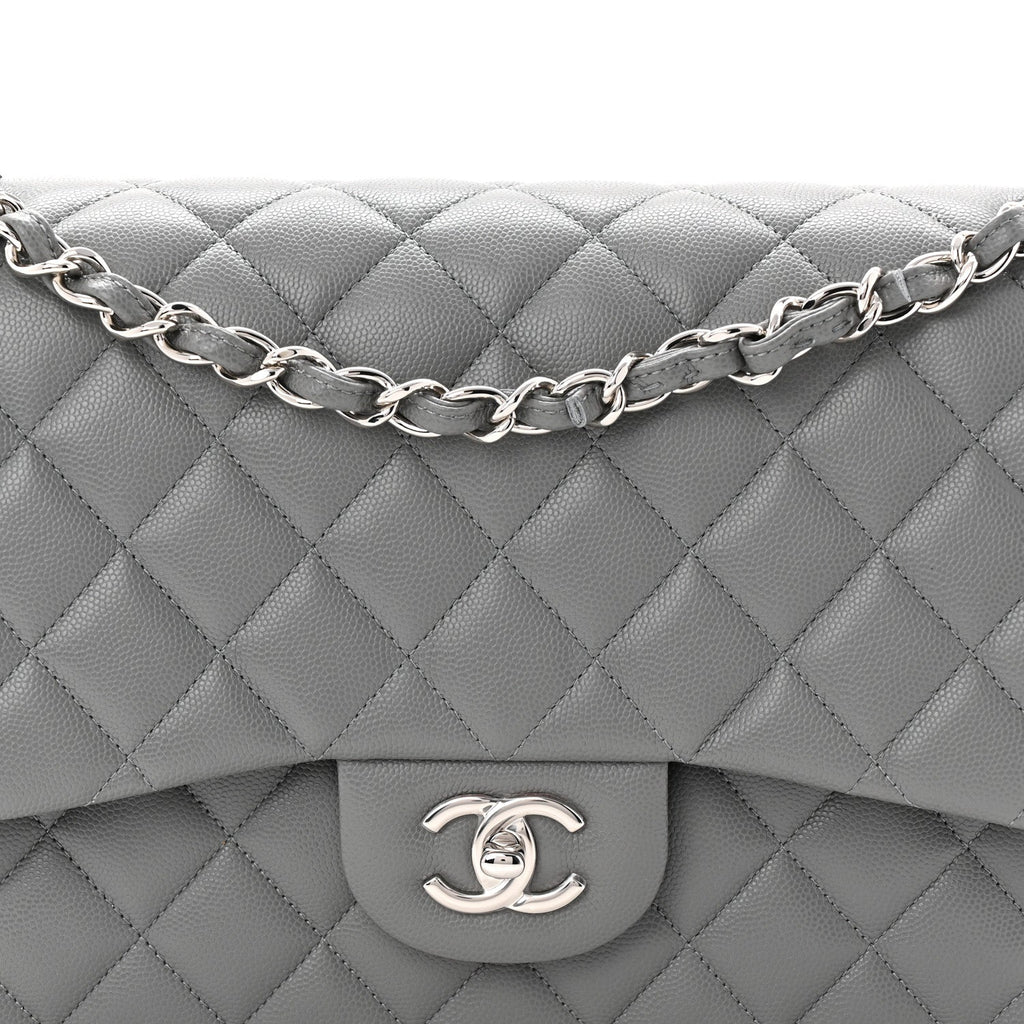 Chanel Caviar Quilted Jumbo Double Flap Grey