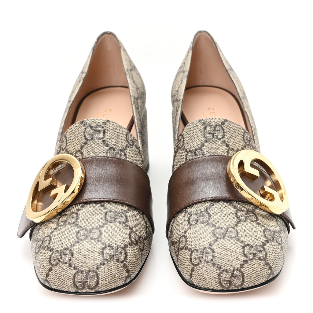 Gucci GG Supreme Monogram Malaga Kid Blondie Pumps 37 Beige Ebony New Acero