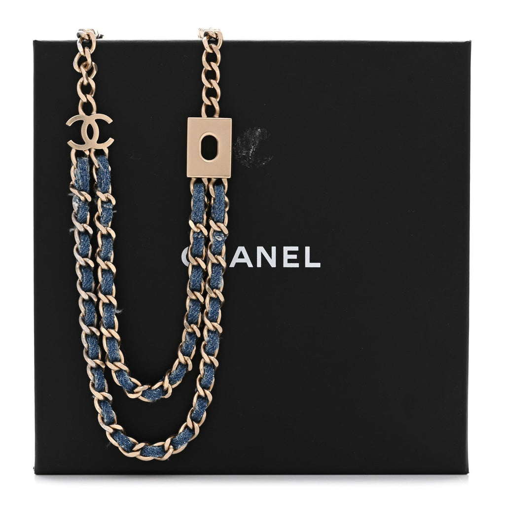 Metal Denim CC Double Chain Necklace Blue Gold