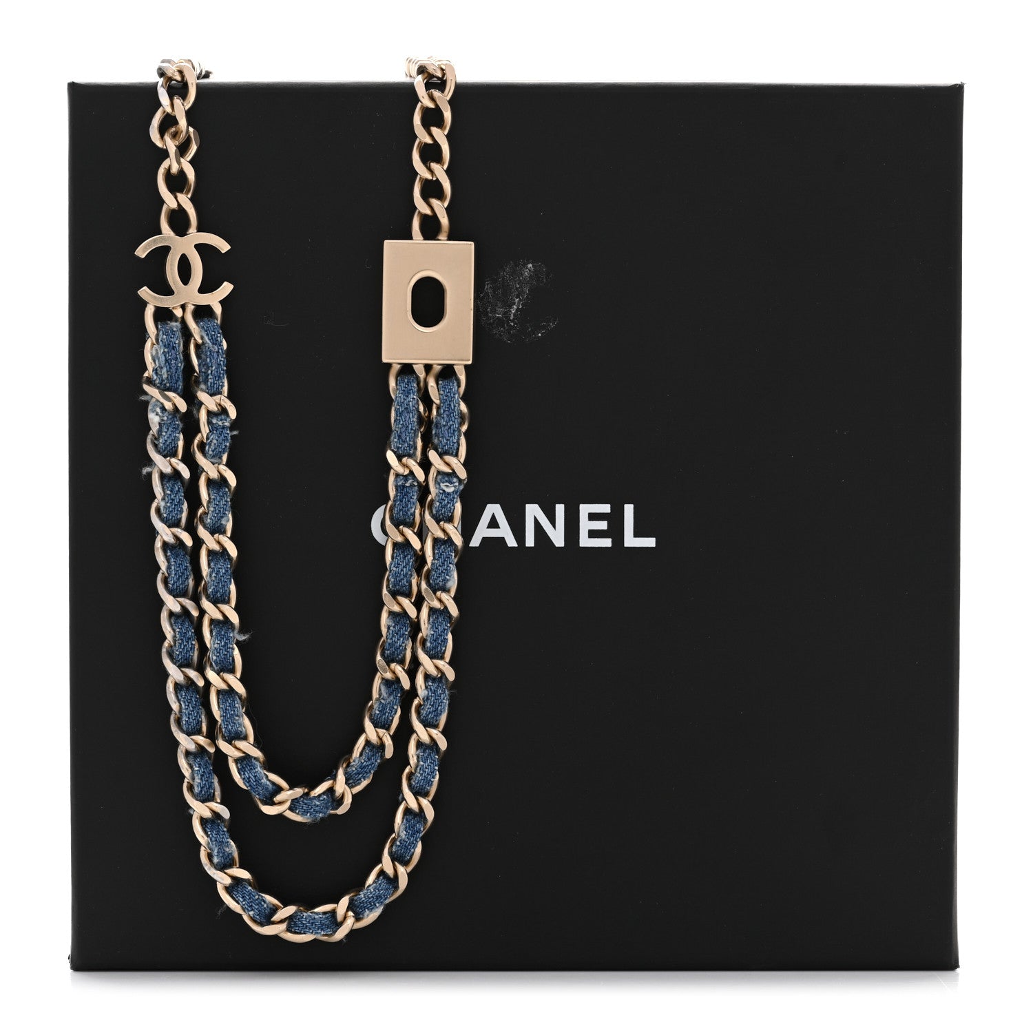Metal Denim CC Double Chain Necklace Blue Gold