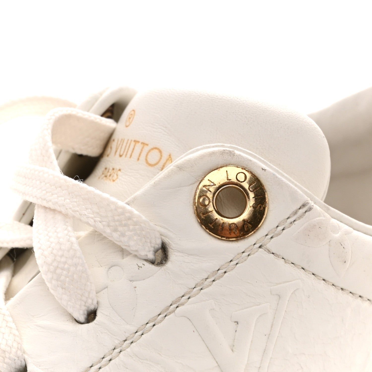 Louis Vuitton Lambskin Embossed Monogram Time Out Sneakers 35  White