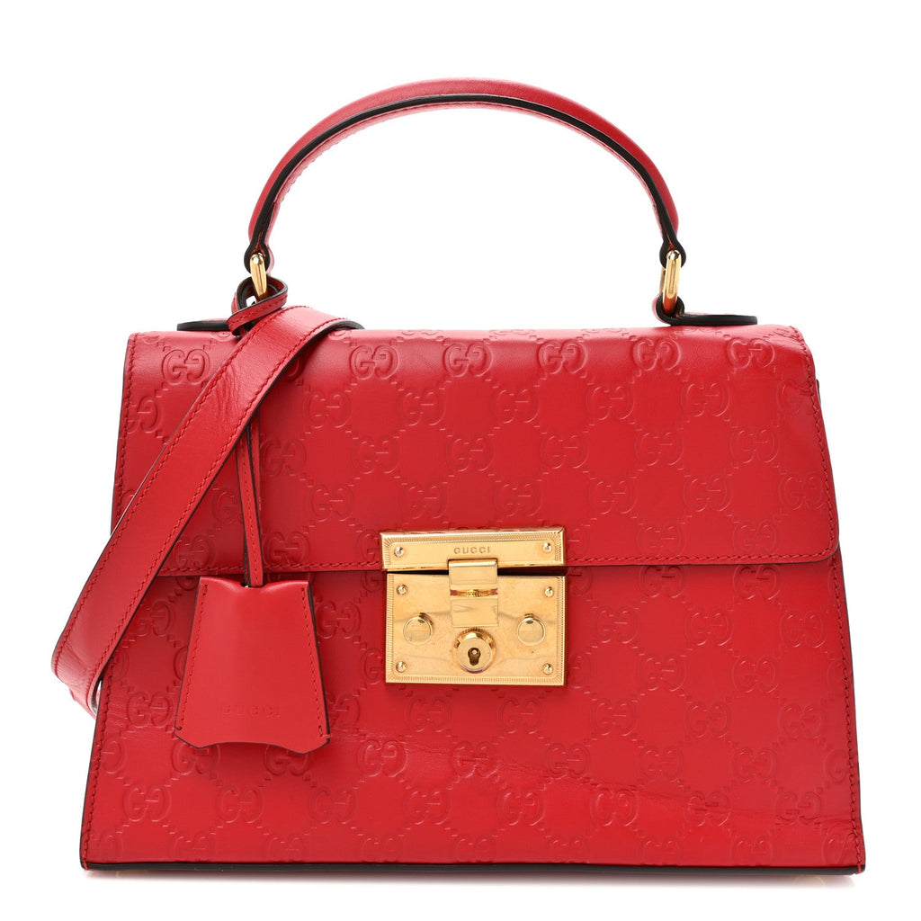 Gucci Guccissima Signature Small Padlock Top Handle Bag Hibiscus Red