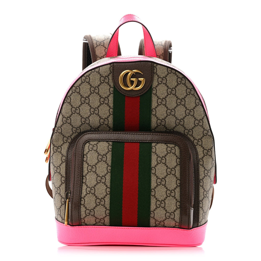 Gucci GG Supreme Monogram Textured Dollar Calfskin Web Small Ophidia Day Backpack Beige Ebony Fluorescent Fuchsia